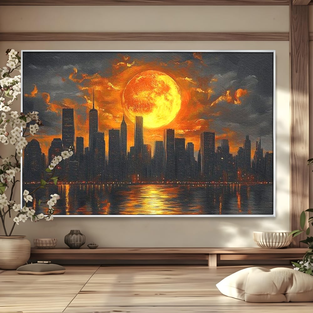 Tablou canvas cu tablou canvas cu apus de soare deasupra metropolei, in rama de aluminiu argintiu